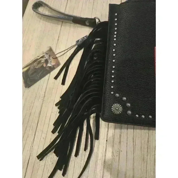 Montana West "Hot Mama" Black Leather Wristlet Bag Floral Fringe Studs - Picture 7 of 8
